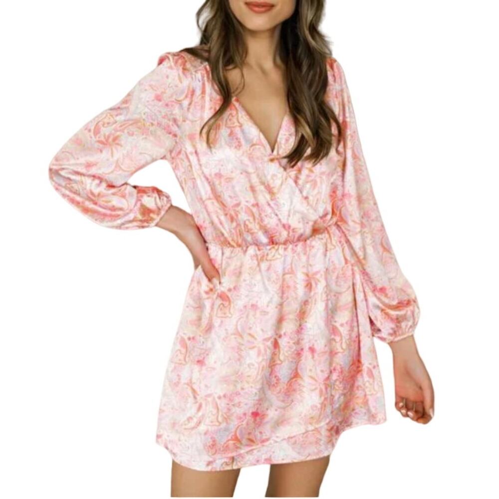 PEACH LOVE Mini Dress Pink Paisley Puff Sleeves Faux Wrap Elastic Waist Medium